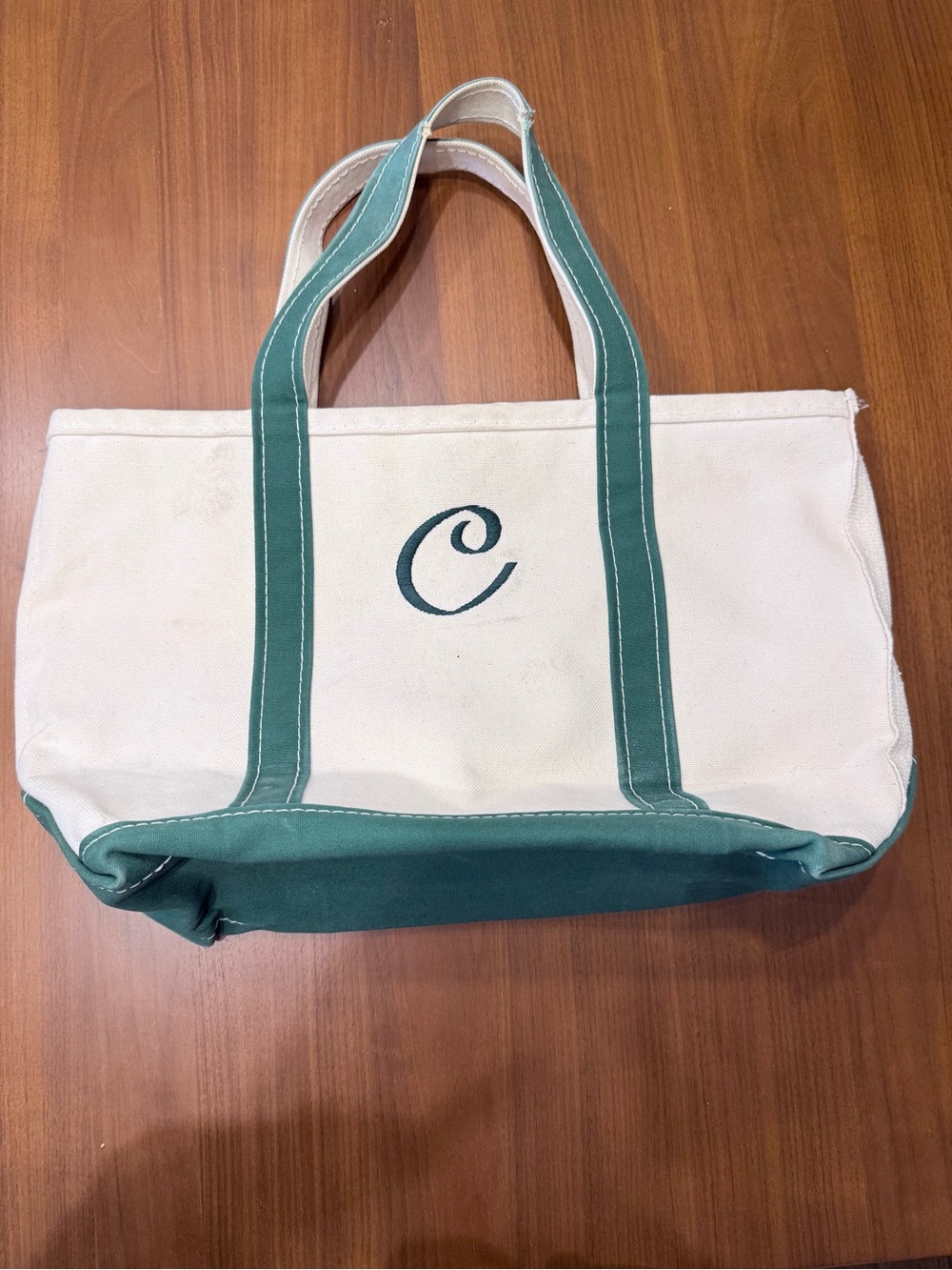 VINTAGE LL Bean Boat and Tote Canvas Tote Bag white + green Monogram C 17 x10 L